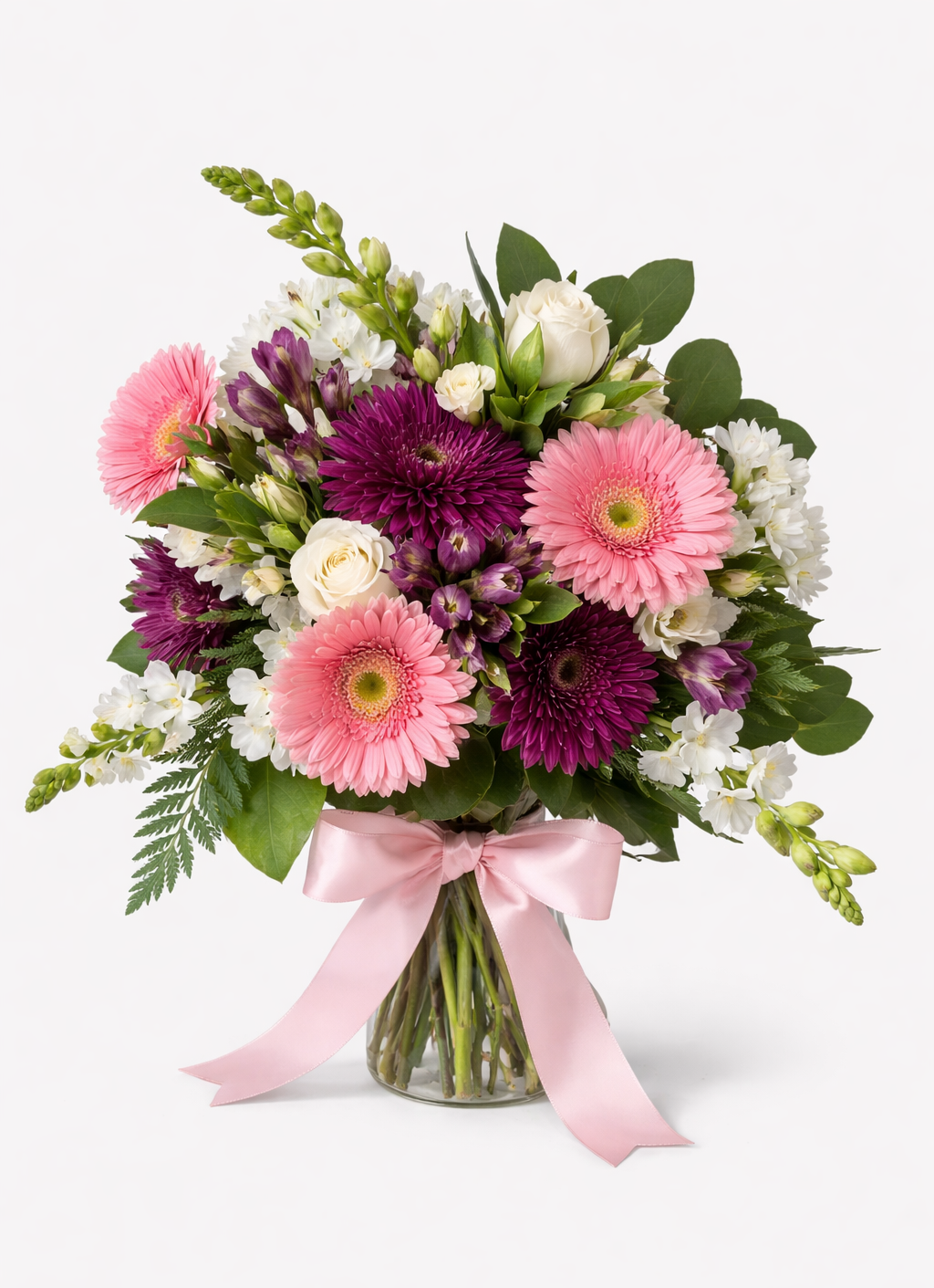 Bouquet of flowers with pink and purple colors on a white background