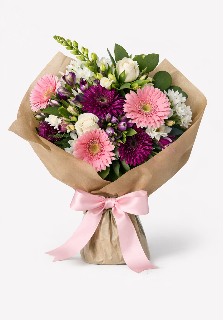 Bouquet of flowers wrapped in brown paper with a pink ribbon on a white background