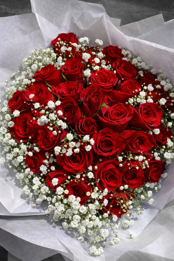 Heart-shaped bouquet of red roses with baby's breath on a gray background