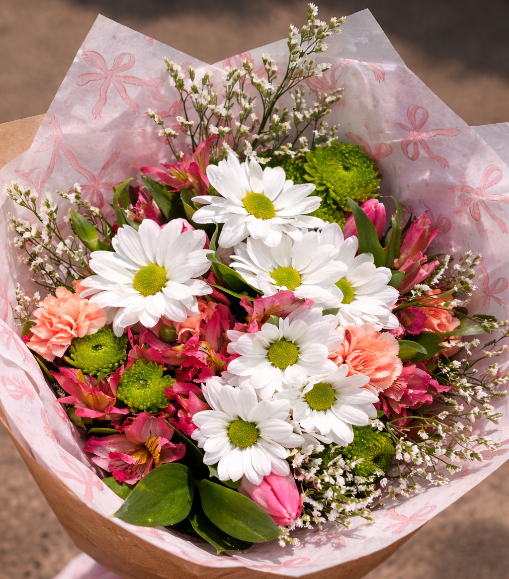 Bouquet of flowers wrapped in pink paper with floral patterns